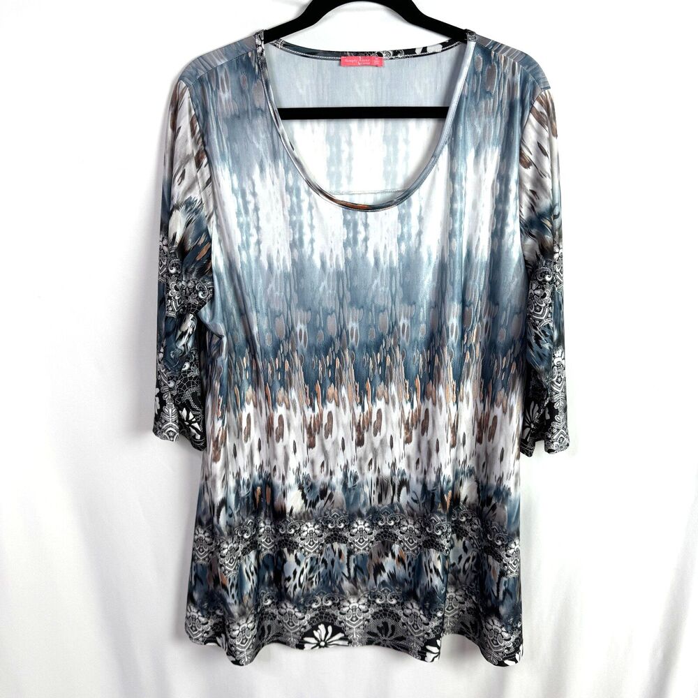 Simply Aster Women's Tunic Top Size 2X Blue/White/Gold Print 3/4 Sleeves